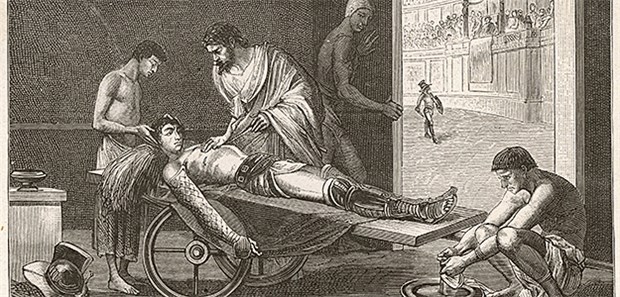 Historisches Bild der Behandlung eines verletzten Gladiatoren.