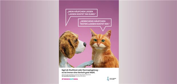 Tierisch gute Wahl: Anzeige zum Darmkrebsmonat März 2024;Motiv „Häufchen“ der Kampagne der Felix Burda Stiftung mit Hund und Katze.