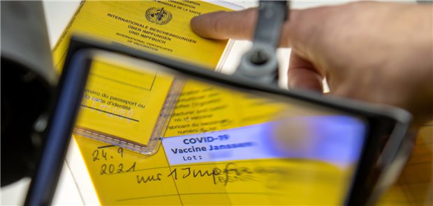 Tricksen rund um den Impfausweis: Regierung nennt Zahlen für 2022 Impfpässe unter einer Lupe, darunter ein aufgeschlagener Impfausweis mit dem Eintrag einer Corona-Impfung: Die Regierung nennt auf Anfrage Zahlen aus der Polizeilichen Kriminalstatistik.