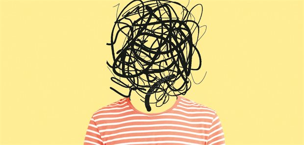 Illustration von einer Person mit einem schwarzen Knäuel statt eines Kopfes.