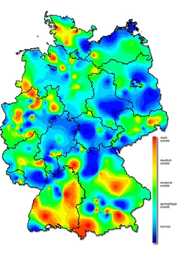 Grippewelle schwillt wieder an ARE-Aktivität besonders im Westen und Süden erhöht- (rot).