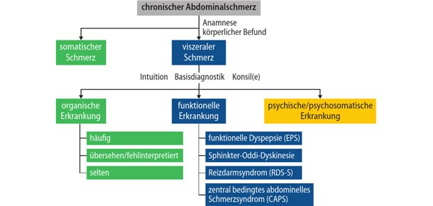 Abb. 1: Algorithmus zur differenzialdiagnostischen Abklärung chronischer Abdominalschmerzen auf Basis des Ursachenspektrums