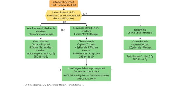 Abb. 1: Behandlungsalgorithmus der aktualisierten S3-Leitlinie für das SCLC im Stadium T3−4 und/oder N2−3, M0 („Limited Disease“, LD)