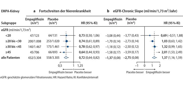 Abb. 1: Empagliﬂozin reduzierte auch bei niedriger Ausgangs-eGFR die Progression der chronischen Nierenkrankheit (Test für Heterogenität/Trend: a) 12=0,06, p=0.81; b) 12=6,31, p=0,012)