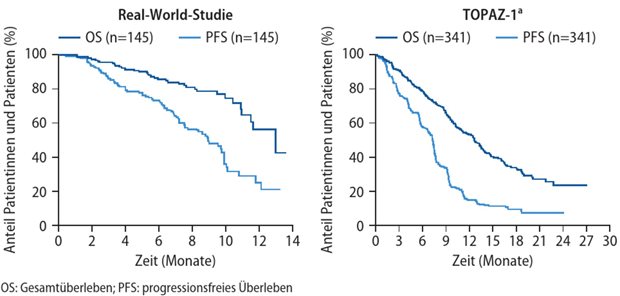 Abb. 1: Zulassungsstudie TOPAZ-1 und aktuelle Real-World-Daten: Gesamtüberleben (OS) und progressionsfreies Überleben (PFS) unter Durvalumab + Gem-Cis