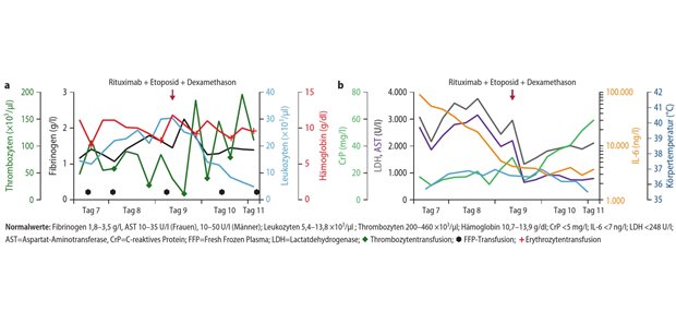 Ergibt sich aus dieser Symptomtrias eine eindeutige Diagnose?  Abb. 2: Verlauf der HLH-Parameter (a) und Entzündungsparameter (b) bei einem pHLH-Patienten zwischen Aufnahme ITS (Tag 7) und Tod (Tag 11)