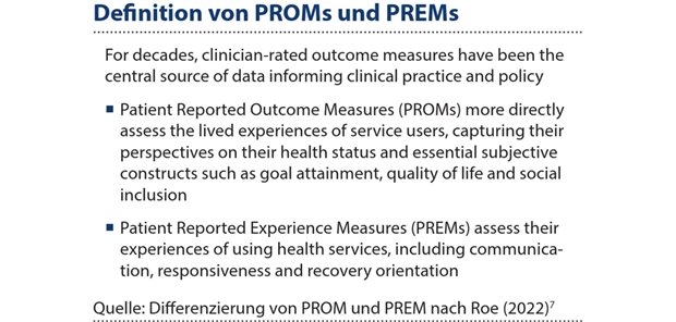 Erhebung von patientenberichteten Endpunkten: Einblicke aus der Psychiatrie Abbildung 1: Von PROMs sind die PREMs zu unterscheiden, die vor allem auf die Erfahrungen des Patienten abheben.