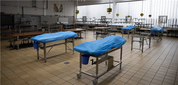Als Toter den Lebenden helfen: Warum viele ihren Körper spenden wollen Abgedeckte Liegen mit Körperspenden stehen am Institut für Anatomie und Zellbiologie der Justus-Liebig-Universität Gießen in einem Saal.
