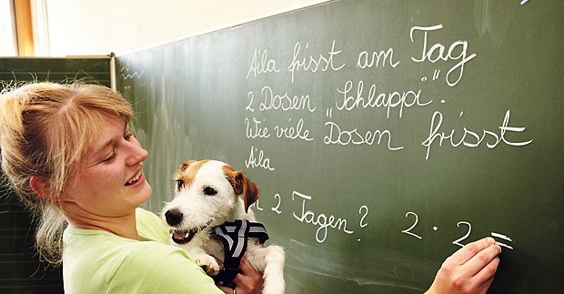 Mathe-Unterricht mit Aila macht Spaß Aila an der Tafel im Arm der Lehrerin – das finden die Grundschulkinder richtig gut.