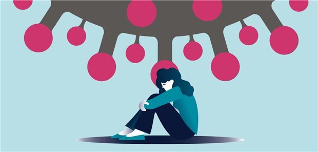 Schematische Darstellung einer Frau, die traurig auf dem Boden sitzt. Über ihr hängt ein riesiges Coronavirus. 