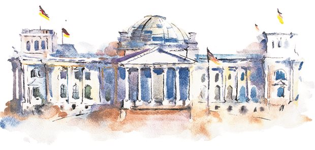 Aquarellzeichnung des Reichstagsgebäudes in Berlin.