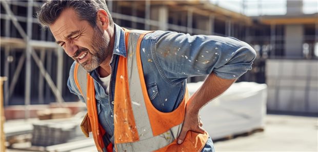 Arbeiter auf der Baustelle mit akutem Rückenschmerz