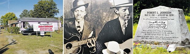 Der Mississippi-Blues und seine berühmten Söhne Auf den Spuren des Bluesgiganten Robert Johnson: Die Straßenecke in Greenwood (l.), wo er starb , sein Grab (r.), mit Gitarre auf einem Museumsfoto (Mitte, links).