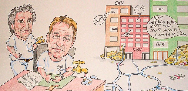 Die Zeichen stehen auf Vergleich Auf die Nöte der Hausärzte aufmerksam machen soll diese Karikatur von Josef Heuser. Zu sehen sind Dr. Jörg Blettenberg (sitzend) und Dr. Ralph Krolewski aus Gummersbach vom Hausärzteverband Nordrhein.