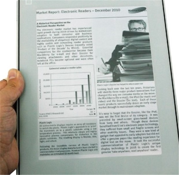 Knitterfreie Zeitung auf elektronischem Papier Auf diesem biegsamen Display kann in Zukunft auch eine Zeitung gelesen werden.