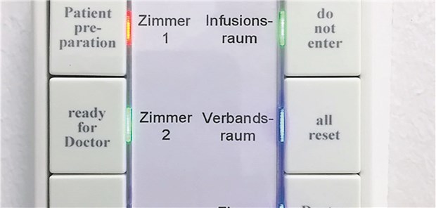 Auf einen Blick ist in jedem Raum über die Schaltfläche zu erkennen, wo sich der Arzt gerade aufhält und in welchen Raum er als Nächstes gehen soll.