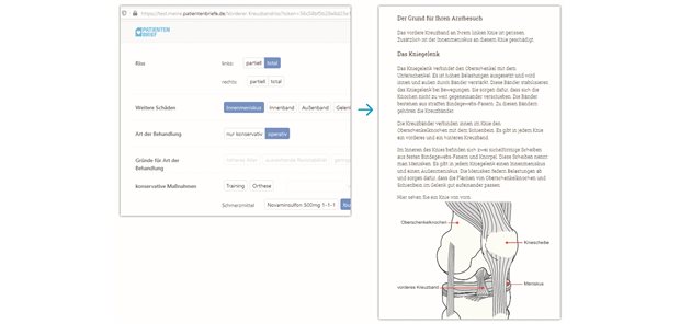 Auswählbare Schaltflächen bestimmen den Inhalt des Patientenbriefs. 