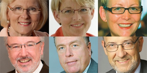 Sechs Kandidaten für zwei Plätze im BÄK-Vorstand BÄK-Erfahrung: Dr. Astrid Bühren; DÄB-Präsidentin Dr. Regine Rapp-Engels; Kammer-Vize Dr. Ellen Lunderhausen; Chef des Marburger Bundes: Rudolf Henke; Hartmannbund-Vize Dr. Klaus Reinhardt; BDI-Präsident Dr. Wolfang Wesiack (von links oben nach rechts unten).