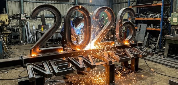 Ein Arbeiter formt ein Metallschild mit der Aufschrift 2026