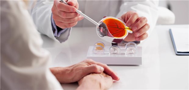 Ein Augenarzt klärt einen Patienten anhand eines dreidimensionalen Modells des menschlichen Auges über Offenwinkelglaukome (POAG) und okuläre Hypertonien (OHTN) auf.