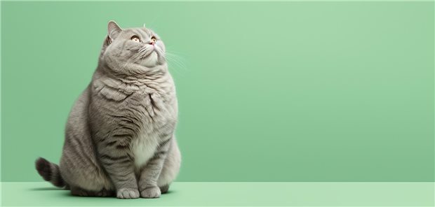 Dickere graue Katze vor grünem Hintergrund