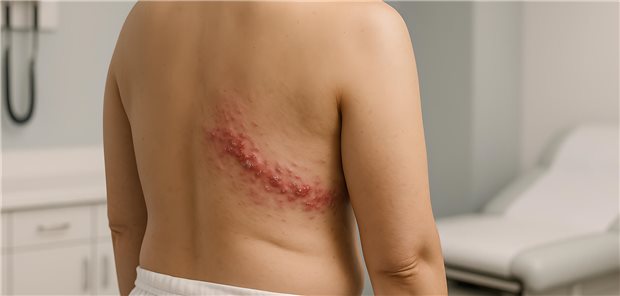 Neue STIKO-Empfehlung zur Herpes zoster-Impfung Der Rücken eines Mannes mit Gürtelrose zeigt Vesikel.