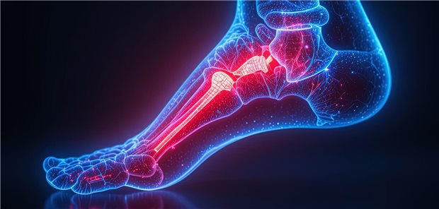 Hypophosphatasie: Wie Sie die Skeletterkrankung erkennen können Illustration einer Röntgenaufnahme des Fußes, der auf den Zehenspitzen steht. Der Mittelfußknochen ist in rot hervorgehoben.