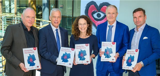 Bei der Vorstellung des neuen Herzberichts 2022: Der Vorsitzende der Deutschen Herzstiftung und Herausgeber, Professor Thomas Voigtländer (2.v.l.), und die Präsidenten bzw. Vizepräsidentin der Fachgesellschaften: Für kardiovaskuläre Prävention und Rehabilitation (DGPR) Dr. Eike Langheim (ganz l.), für Pädiatrische Kardiologie (DGPK) Professorin Ulrike Herberg (M.), für Herzchirurgie (DGTHG) Professor Volkmar Falk (2.v.r.) sowie für Kardiologie (DGK) Professor Holger Thiele (ganz r.). 