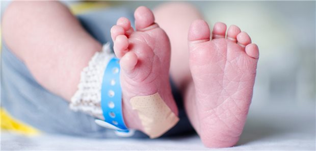 Bei einer schwierigen Entbindung, wie zum Beispiel nach einer Saugglockengeburt, können Verletzungen der Nebenniere auftreten. Eine bläuliche Verfärbung des Skrotums und des Dammbereichs durch eine Ekchymose ist eine seltene Manifestation einer Nebennierenblutung bei Neugeborenen. (Symbolbild)