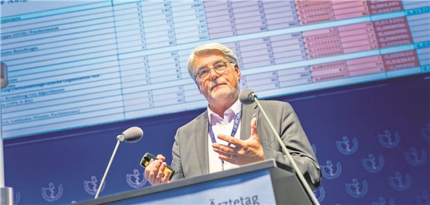 Personalbemessung: Hoffnung auf ein Ende des Hamsterrads in Kliniken Beim Deutschen Ärztetag in Bremen 2022 wurden wichtige Weichen für das ÄPS-BÄK gestellt: Hier Professor Henrik Hermann, der zusammen mit Dr. Susanne Johna Vorsitzender der BÄK-Arbeitsgruppe „Ärztliche Personalbemessung“ ist.