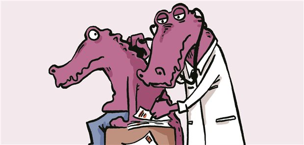 Blauviolette Arztkrokodile sind das Symbol der französischen Kampagne. Auf unsinnige Formulare wird das blaue Krokodil gestempelt.