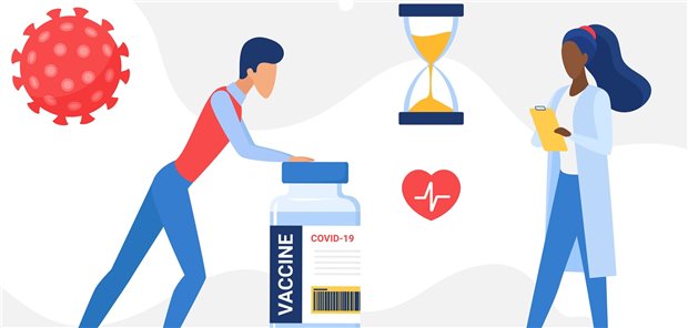 Corona-Impfstoff in Rekordzeit (Symbolbild) mit Darstellung des Virus, einer ablaufenden Sanduhr, einer überdimensioniert dargestellten COVID-19-Impfdosenflasche sowie zwei Personen: Ein Mann, der die Impfdosenflasche vorschiebt und eine Frau, die auf einem Klemmbrett etwas überprüft. 