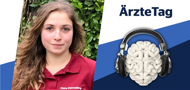 Claire Pleimelding - eine junge Frau mit langen, gewellten, braunen Augen, in einem roten Polo-Shirt – im ÄrzteTag-Bildrahmen. Neben ihrem Portrait ist vor blauem Grund ein weißes Gehirn mit Kopfhörern abgebildet, über dem &quot;ÄrzteTag&quot; steht.