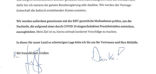 Spahn dankt Ärzten: „Sie bilden den ersten Schutzwall!“ „Danke!“ Brief von Gesundheitsminister Jens Spahn an die niedergelassenen Ärzte.