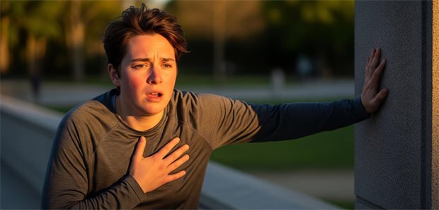 Asthma: Eine junge Frau mit Atemnot fasst sich an die Brust.