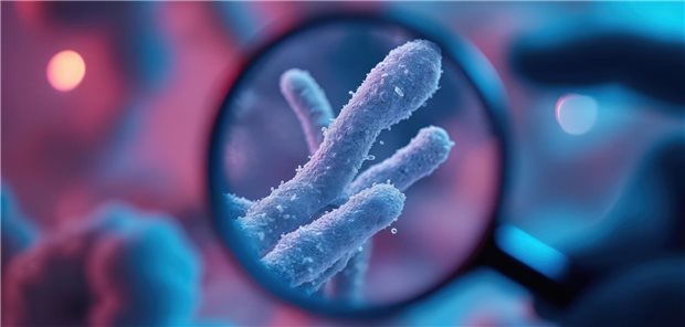 Illustration eines Darmbakteriums unter einem Vergrößerungsglas.