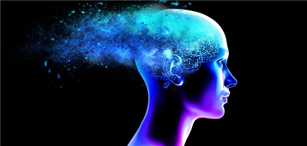 Bunte Darstellung eines menschliches Kopfes. Das Gehirn zerfällt zu Staub. 