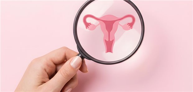 Eine Frau hält eine Lupe über die Abbildung einer Gebärmutter. 