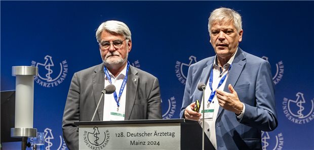 Das Maximum in Europa für die Facharztweiterbildung seien fünf Jahre, das Minimum drei Jahre. „Nur so als Überlegung, ob und wo man reduzieren könnte“, sagte Prof. Henrik Herrmann (links), der zusammen mit Dr. Johannes Albert Gehle (rechts) den Vorsitz der Ständigen Konferenz „Ärztliche Weiterbildung“ der Bundesärztekammer innehat.
