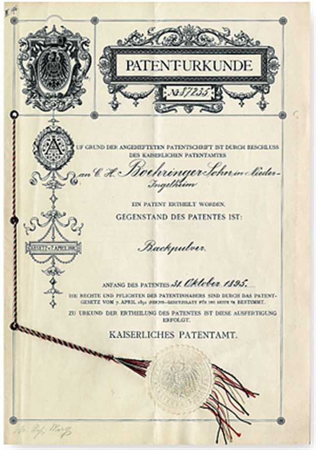 Mit einem Patent auf Backpulver fing alles an Das erste Patent von Boehringer: ein neues Verfahren zur Herstellung von Backpulver.