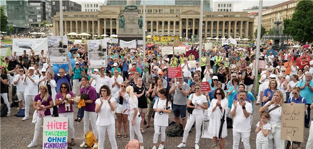 Demonstranten auf dem Schlossplatz in Stuttgart.
