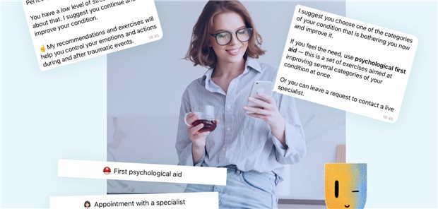 Mit Tele-Robotern, Apps und Chatbots gegen Kriegstraumata Der „Friend. First Aid“-Chatbot fragt nach dem aktuellen psychischen Zustand, erklärt diesen und schlägt psychologische Übungen vor, die helfen können.