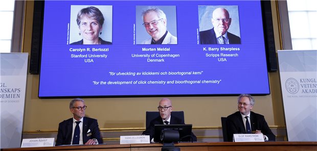 Der Generalsekretär der Königlich Schwedischen Akademie der Wissenschaften, Hans Ellegren (M), Jonas Aqvist, Vorsitzender des Nobelkomitees für Chemie (l), und Olof Ramstrom, Mitglied des Nobelkomitees für Chemie, geben die Gewinner des Nobelpreises für Chemie 2022 während einer Pressekonferenz in der Königlich Schwedischen Akademie der Wissenschaften bekannt. Die Preisträger sind Caroline R. Bertozzi aus den Vereinigten Staaten, Morten Meldal aus Dänemark und K. Barry Sharpless aus den Vereinig