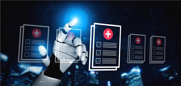 Ein Roboter tippt auf eine virtuelle Fläche.