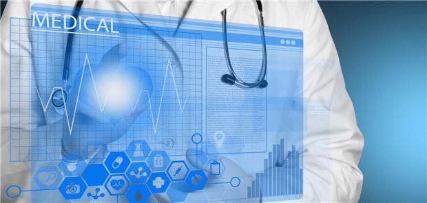 Bild einer digitalen Akte, im Hintergrund erkennt man ein Stethoskop.