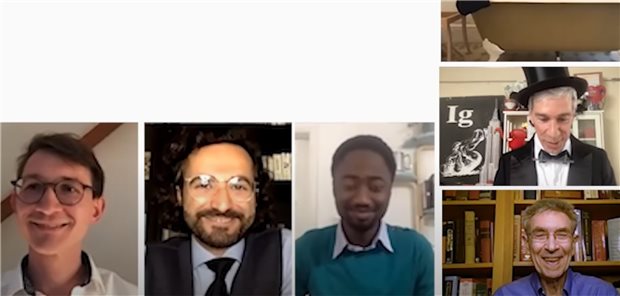 Ig-Nobelpreis: Wenn Sex die Nasenatmung verbessert Der Medizinpreis des Ig-Nobelkomitees geht 2021 an Ralph Hohenberger, Olcay Cem Bulut, Dare Oladokun und Burkard Lippert (von links nach rechts); darüber: Moderator Marc Abrahams.