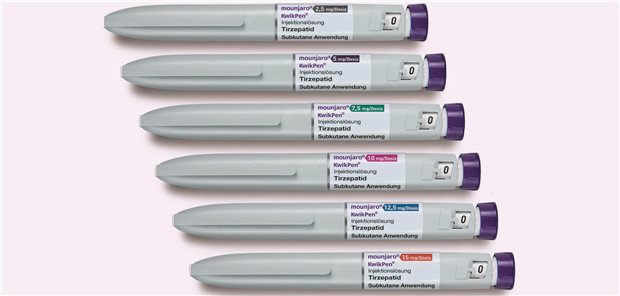 Der Mounjaro KwikPen: Zur einfachen Unterscheidung sind die Etiketten je Dosierung unterschiedlich eingefärbt.