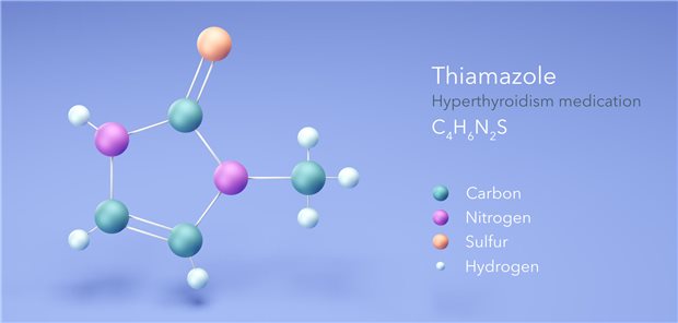 Dreidimensionales Modell der Molekülstruktur von Thiamazol einem Medikament gegen Hyperthyreose.