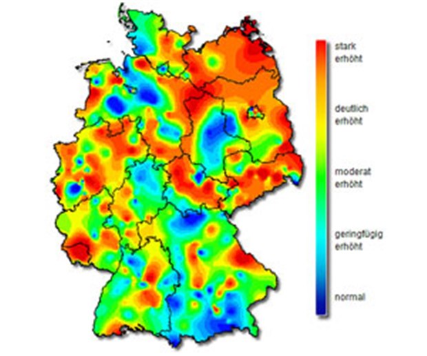 Deutschland ist stark vergrippt Der Osten ist besonders im roten Bereich.