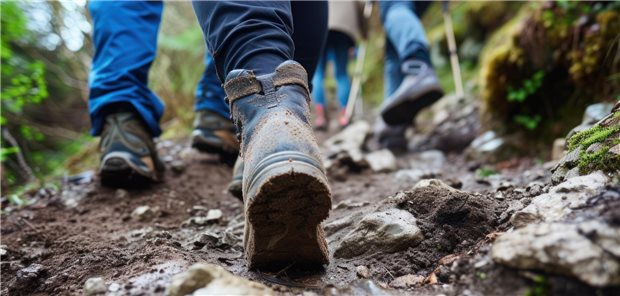 Wanderer gehen einen steinigen Weg entlang. Nur ihre Füße in den Wanderschuhen sind zu sehen.
